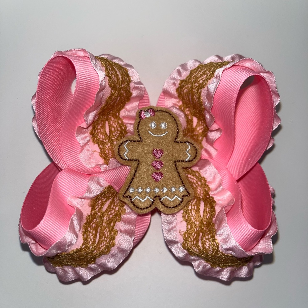 5.5” Boutique Handmade Bow Pink and Brown Gingerbread by Sugar Bow Co.